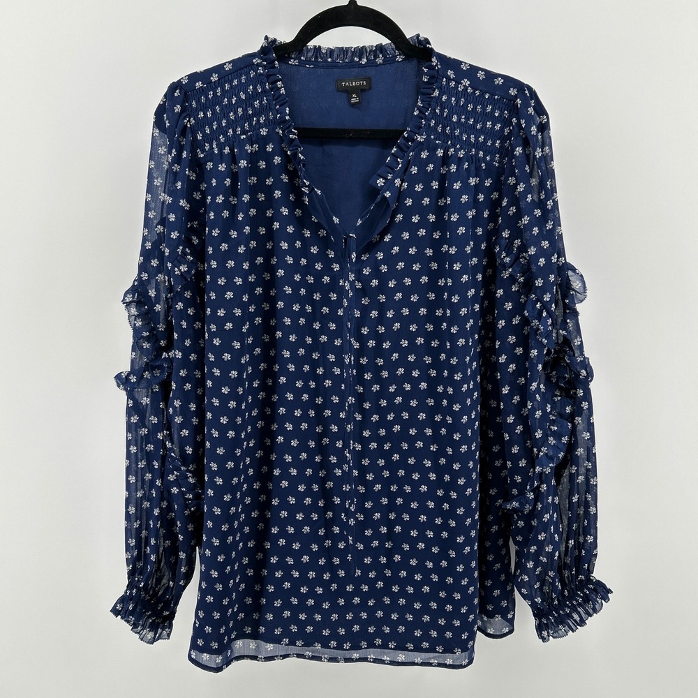 Talbots Navy Blue Floral Ruffle Long Sleeve Peasant Blouse XL Cottagecore Office